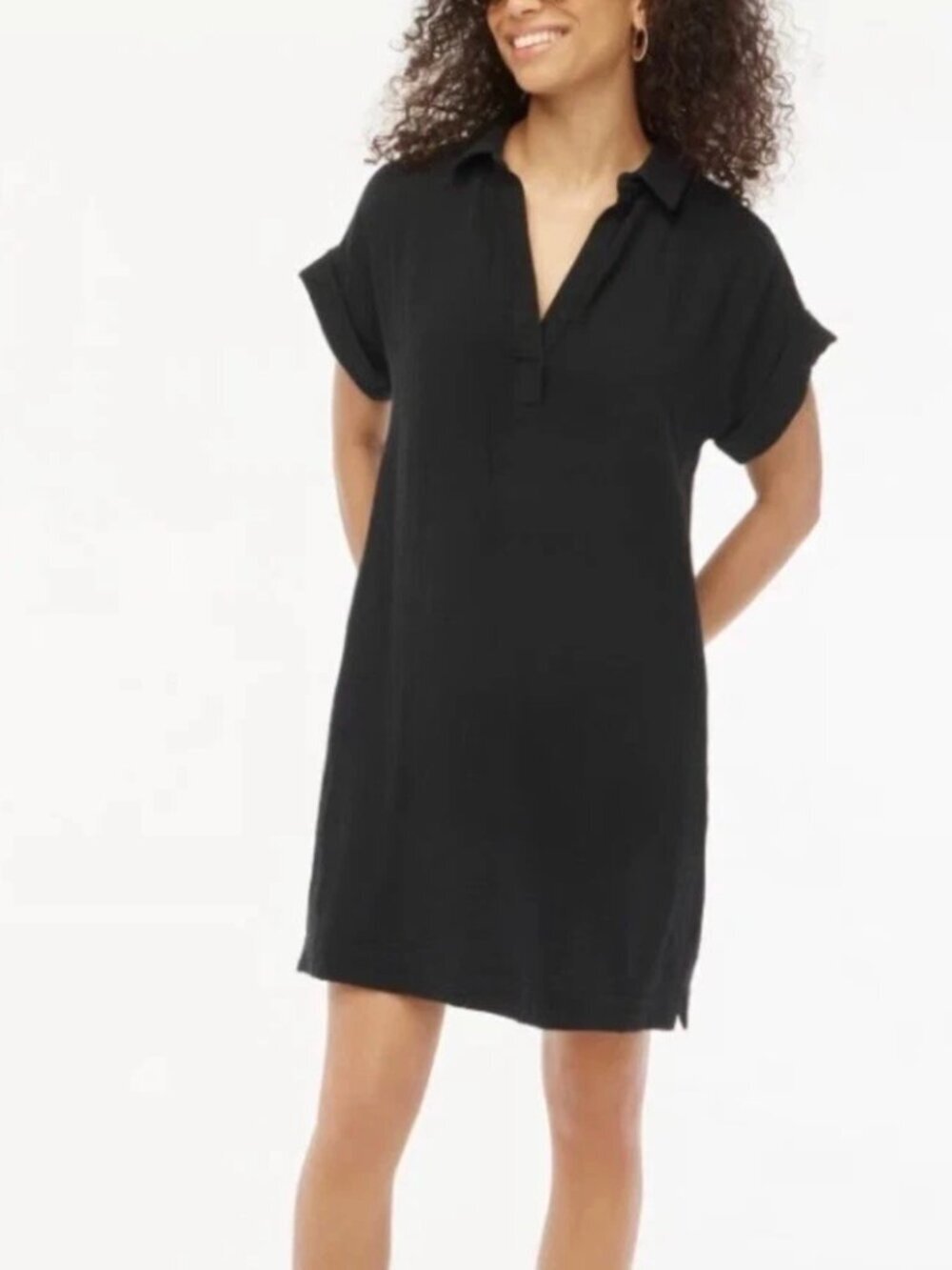 J. Crew Factory Short-Sleeve Cotton Gauze V-Neck Popover Black Dress Pockets, XS